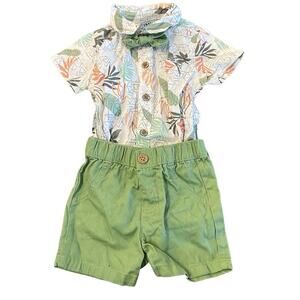 Little Lad Baby Boy Size 3-6 Months White Green Leaf Print 3-Piece Short Set